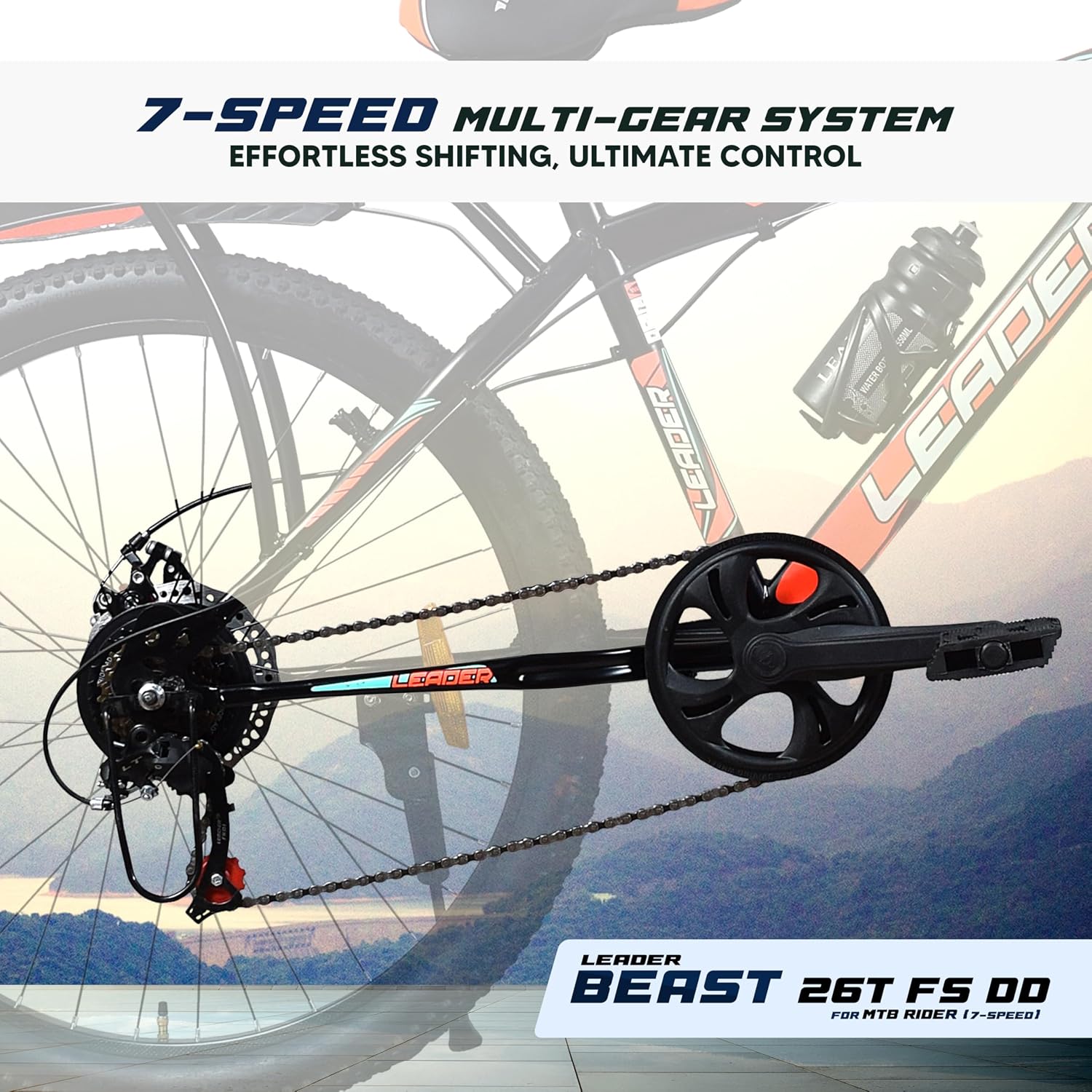 Leader Beast 26T IBC Premium 7 Speed Cycle for Men with inbuilt Carrier | City/Mountain Bike with Front Suspension &amp; Dual Disc Brakes | Gear Bicycle for Men | Ideal for 10+ Years – Matt Black - Slide 5