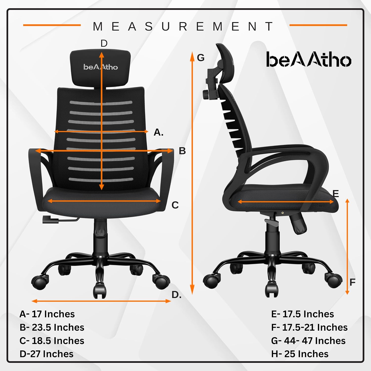 beAAtho® Verona Mesh High Back Ergonomic Home Office Chair with 3-Years Limited Warranty by beAAtho, Tilting &amp; Height Adjustable Mechanism, Heavy Duty Metal Base Ideal for Office Work &amp; Study (Black) - Slide 2