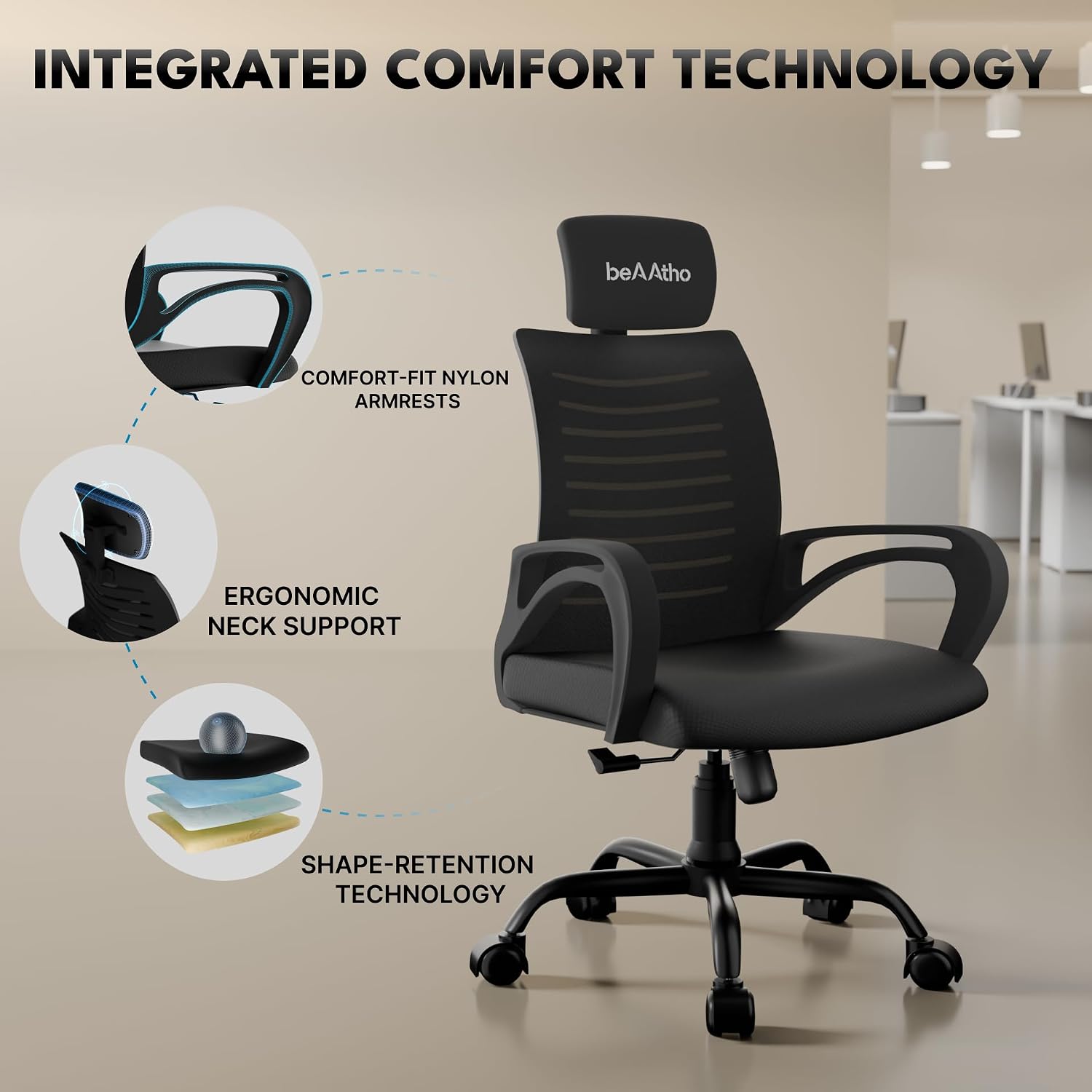 beAAtho® Verona Mesh High Back Ergonomic Home Office Chair with 3-Years Limited Warranty by beAAtho, Tilting &amp; Height Adjustable Mechanism, Heavy Duty Metal Base Ideal for Office Work &amp; Study (Black) - Slide 3