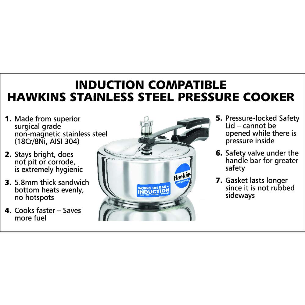 Click to see full view   2 VIDEOS     2+ Hawkins 3 Litre Inner Lid Pressure Cooker, Stainless Steel Cooker, Induction Cooker, Silver (HSS3W) - Slide 3
