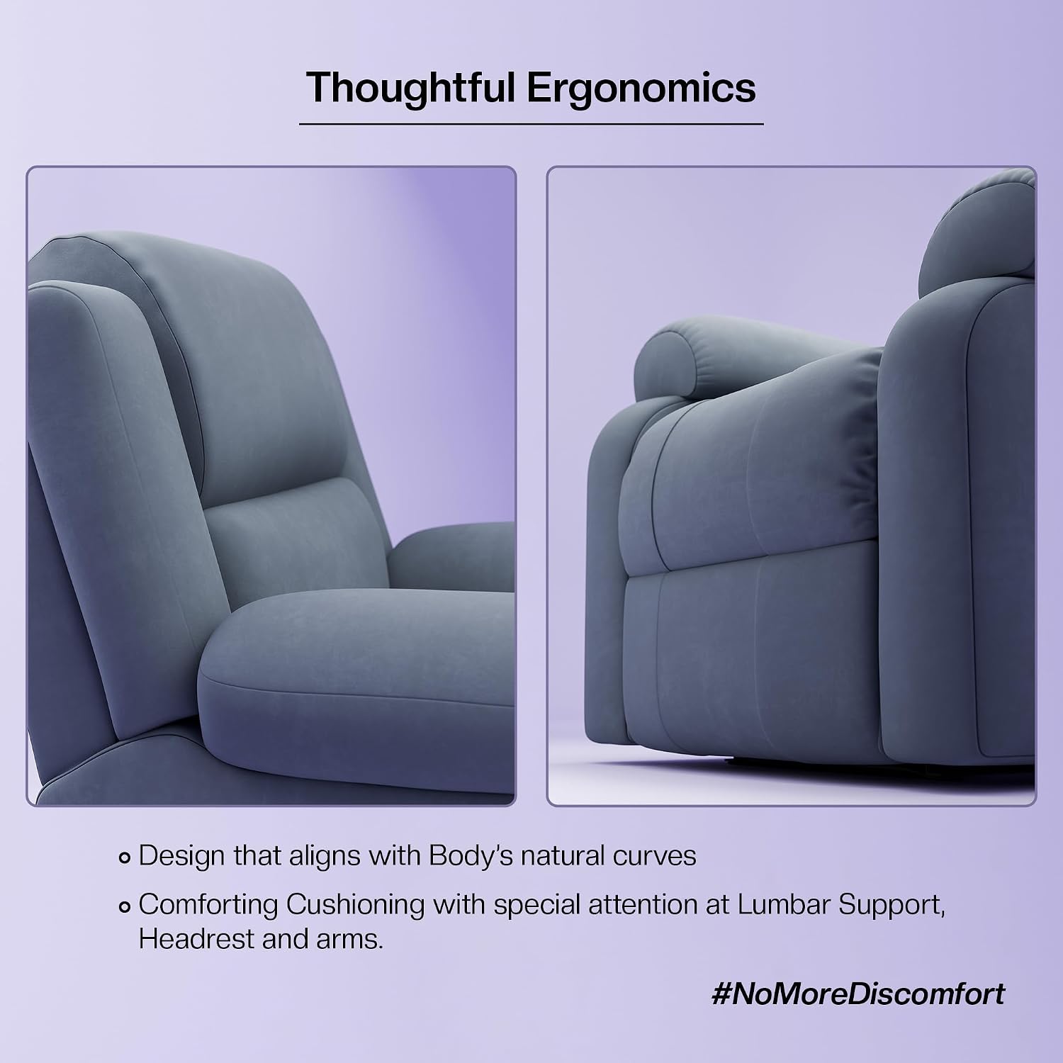 Green Soul Comfy | Rocking, Revolving and Recline| 1 Seater Recliner Sofa with Soft Suede Fabric &amp; Luxuriously Padded Body | 3 Years Warranty Color (Soothing Grey) | Installation Provided - Slide 4