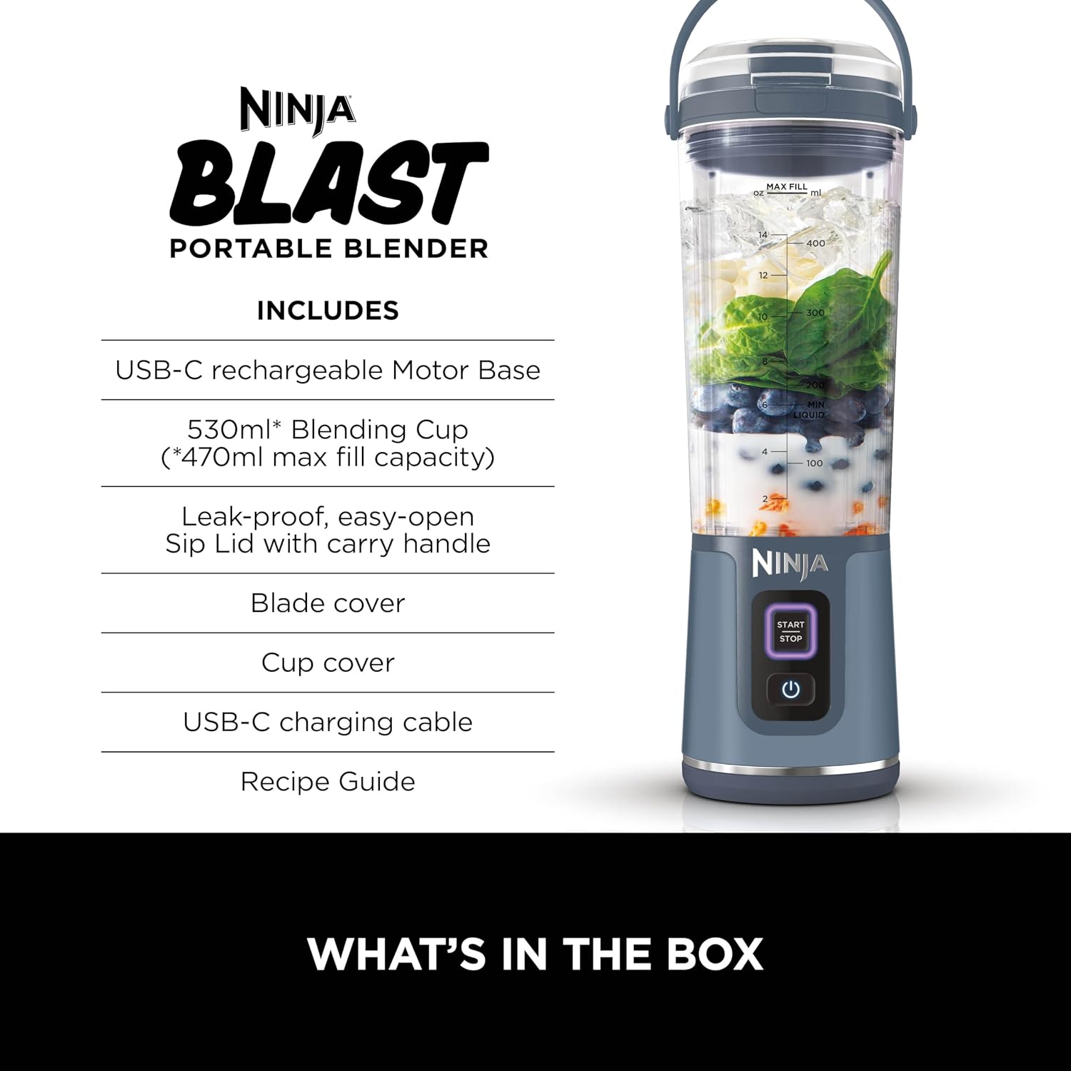 Ninja Blast Portable Cordless Blender (BC151INNV) – 530ml | USB-C Rechargeable | Crushes Ice &amp; Frozen Fruit | BPA Free, Leak-Proof Travel Lid Denim Blue - Slide 3