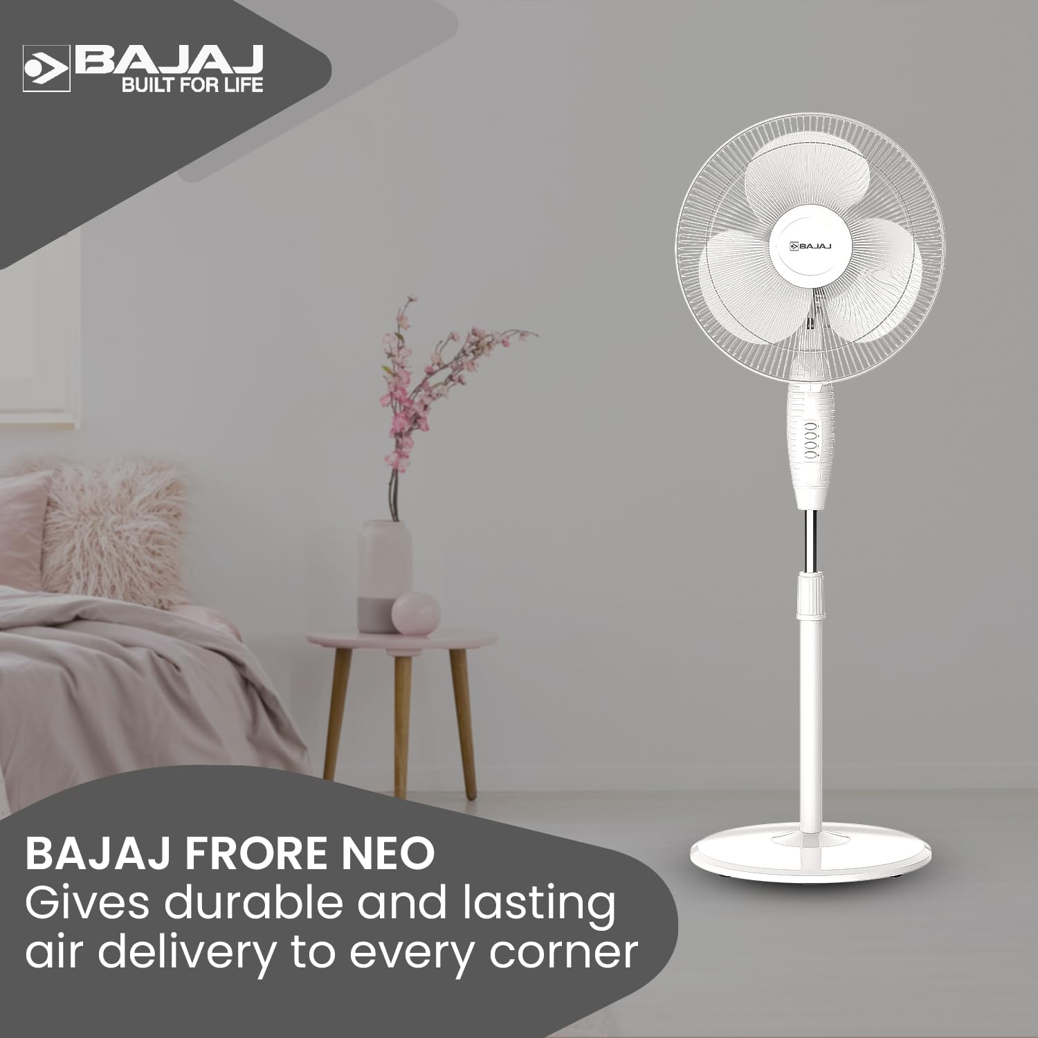 Bajaj Frore Neo 400 MM Oscillating Pedestal Fan For Home | Aerodynamically Balanced Blades | 100% Copper Motor | High Air Delivery | 3-Speed Control | Rust Free | 2 Yrs Warranty - Slide 2