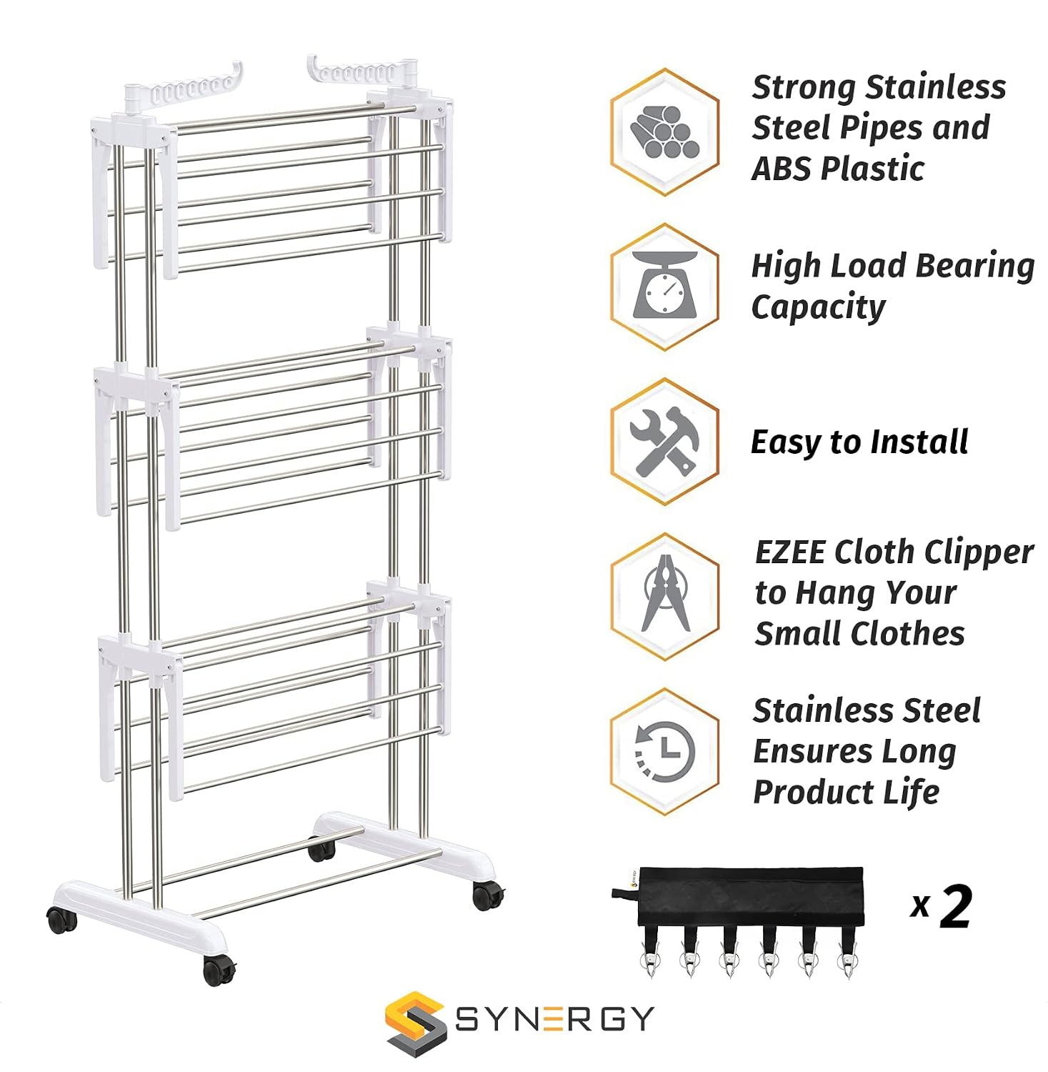 Synergy - Premium Heavy Duty Stainless Steel Clothes Drying Stand | Cloth Dryer Stand | Cloth Stand for Drying Clothes Foldable | Cloth Hanging Stand | Cloth Drying Stand (3 Tier) White - SY-CS21 - Slide 2