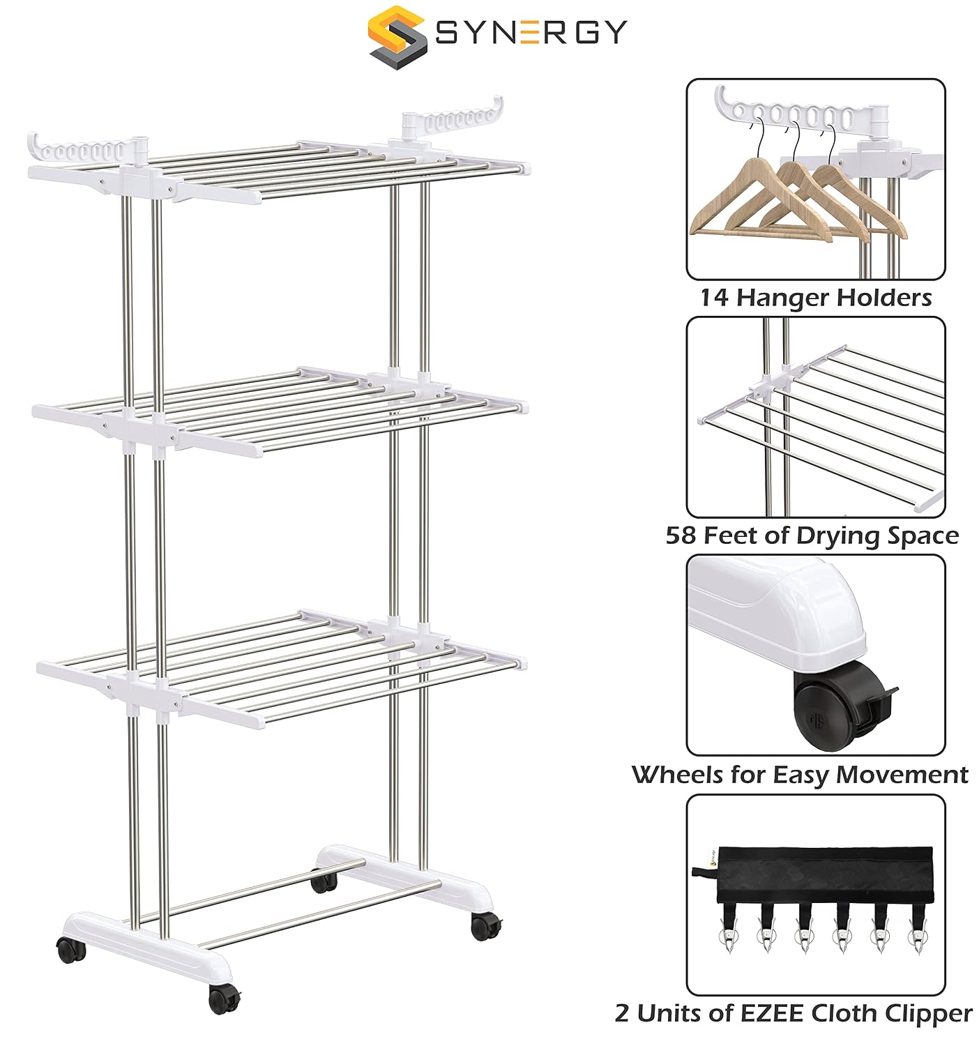 Synergy - Premium Heavy Duty Stainless Steel Clothes Drying Stand | Cloth Dryer Stand | Cloth Stand for Drying Clothes Foldable | Cloth Hanging Stand | Cloth Drying Stand (3 Tier) White - SY-CS21 - Slide 3