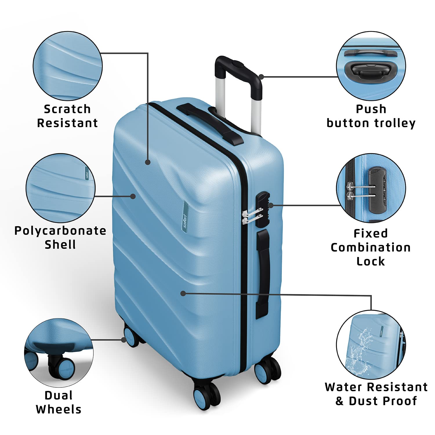 Safari 3Pc Polycarbonate Persia Set-55+65+77 Cms Small, Medium &amp; Large Size (Cabin &amp; Check-in) 8 Wheels Luggage/Speed_Wheel Suitcase/Trolleys (Pearl Blue) - Slide 3