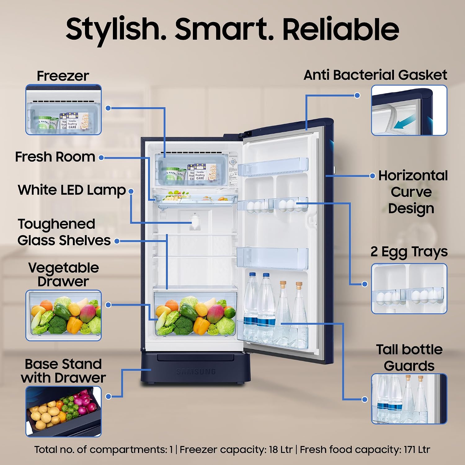 Samsung 189 L Direct Cool Single Door 5 Star Refrigerator with Base Drawer (Midnight Blossom Blue, RR21H2H25UZ/HL) - Slide 4